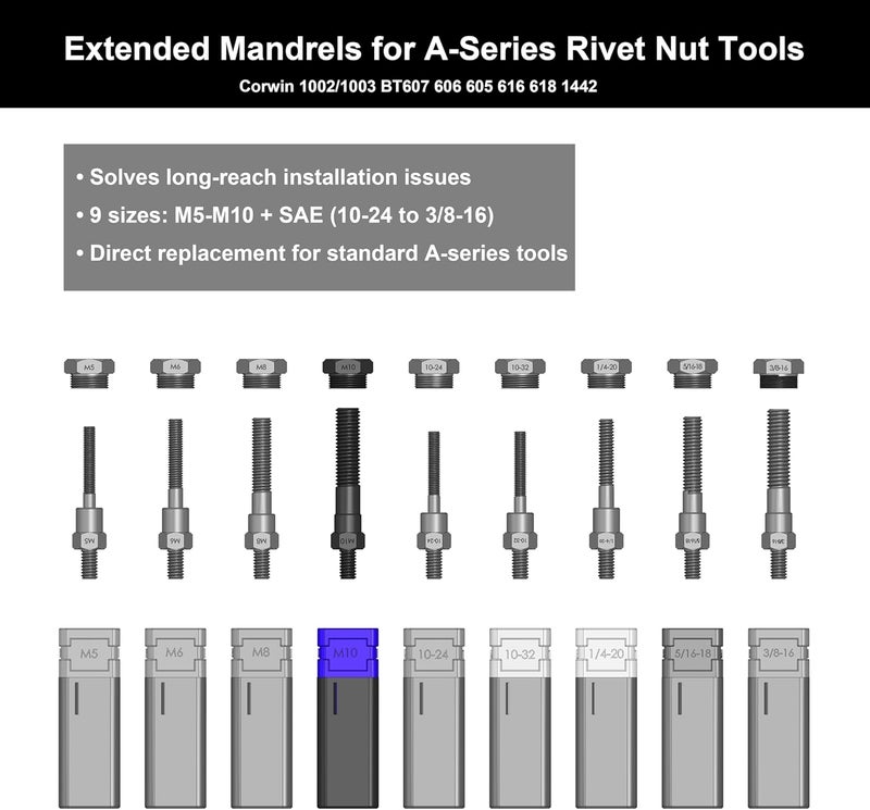 CORWIN Store M10 Extended Rivet Nut Gun Mandrels and Nosepiece Set, Specifically Designed for Installing Pre-bulbed Rivet Nuts and Similar Threaded Inserts. Multi-Grip rivnut Inserts - Image 2